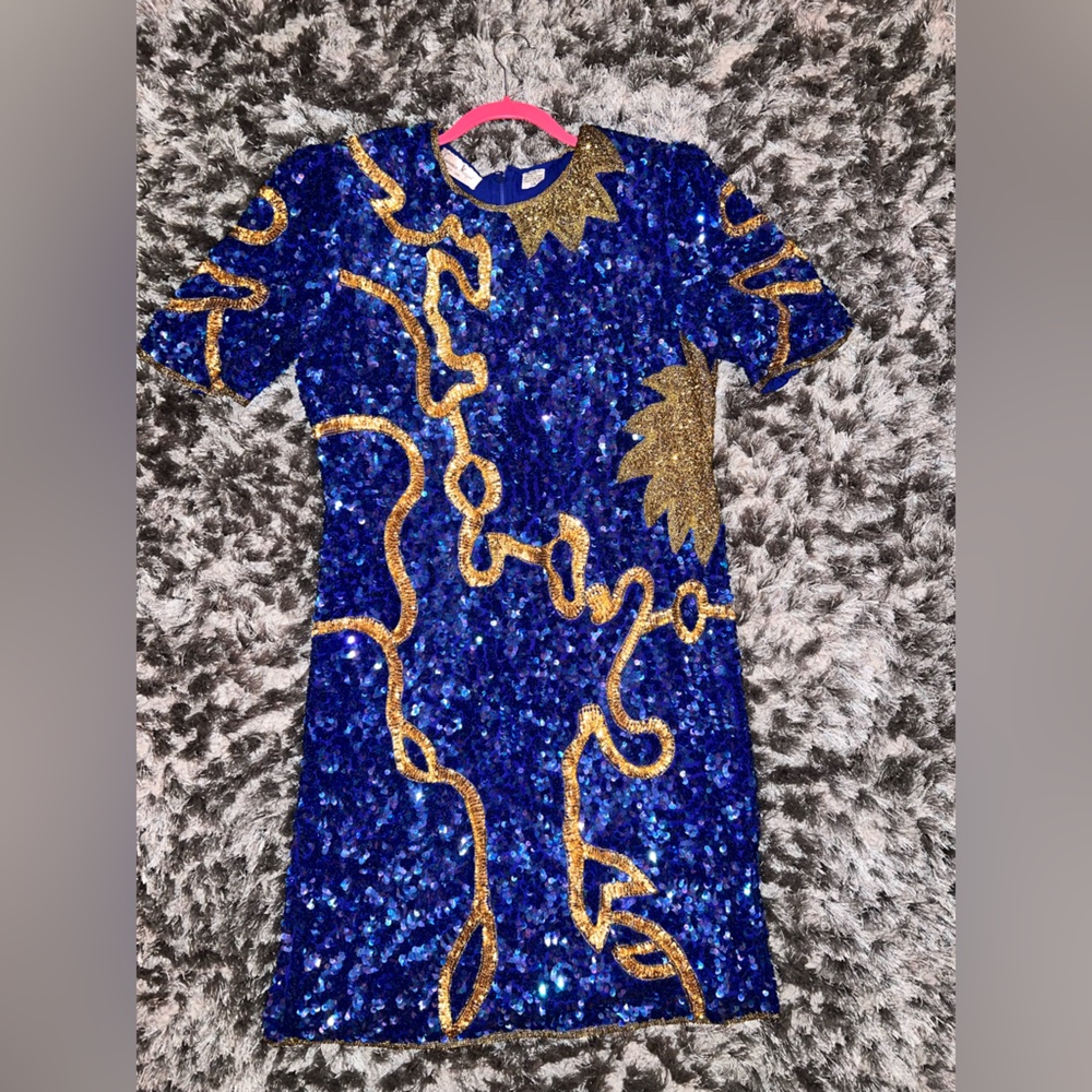 Vintage Laurence Kazar Royal Blue and Gold Sequin Dress